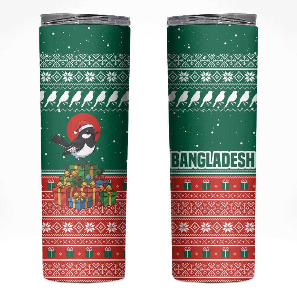 Bangladesh Christmas Skinny Tumbler with Black-Capped Bird Gift Stack and Green Red Snowflake Pattern - Wonder Print Shop