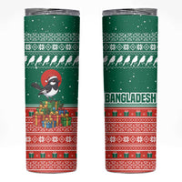 Bangladesh Christmas Skinny Tumbler with Black-Capped Bird Gift Stack and Green Red Snowflake Pattern - Wonder Print Shop
