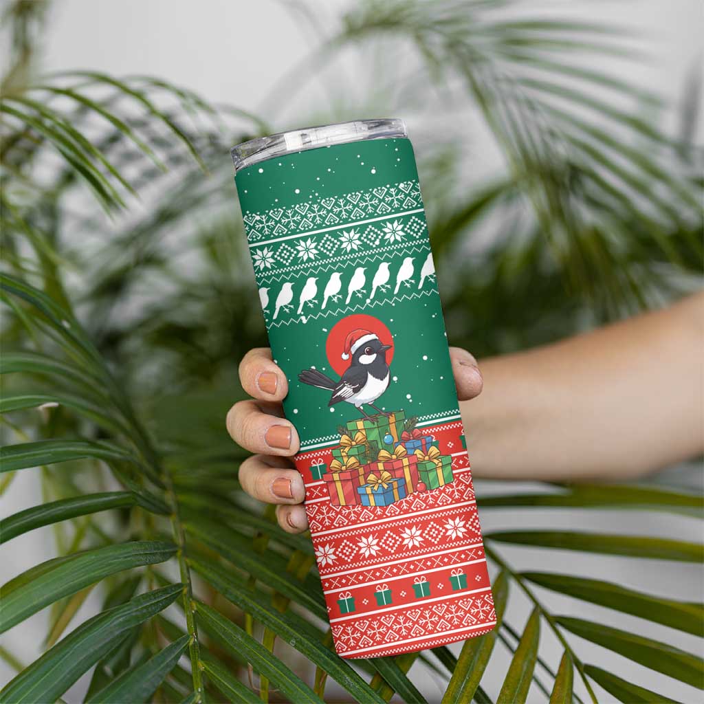 Bangladesh Christmas Skinny Tumbler with Black-Capped Bird Gift Stack and Green Red Snowflake Pattern - Wonder Print Shop