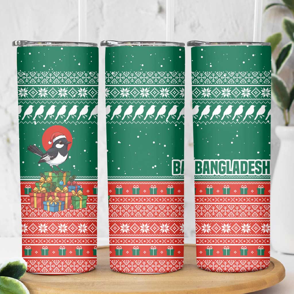 Bangladesh Christmas Skinny Tumbler with Black-Capped Bird Gift Stack and Green Red Snowflake Pattern - Wonder Print Shop