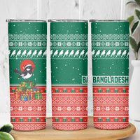 Bangladesh Christmas Skinny Tumbler with Black-Capped Bird Gift Stack and Green Red Snowflake Pattern - Wonder Print Shop