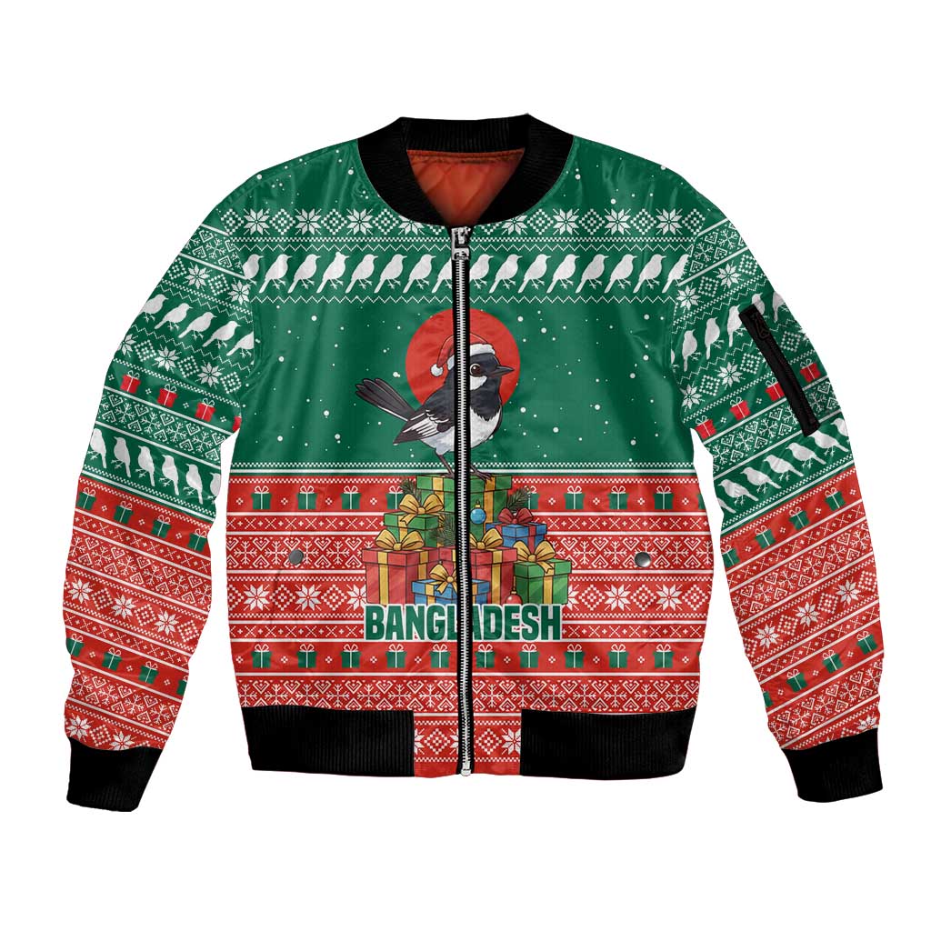 Bangladesh Christmas Sleeve Zip Bomber Jacket with Black-Capped Bird Gift Stack and Green Red Snowflake Pattern - Wonder Print Shop