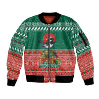 Bangladesh Christmas Sleeve Zip Bomber Jacket with Black-Capped Bird Gift Stack and Green Red Snowflake Pattern - Wonder Print Shop