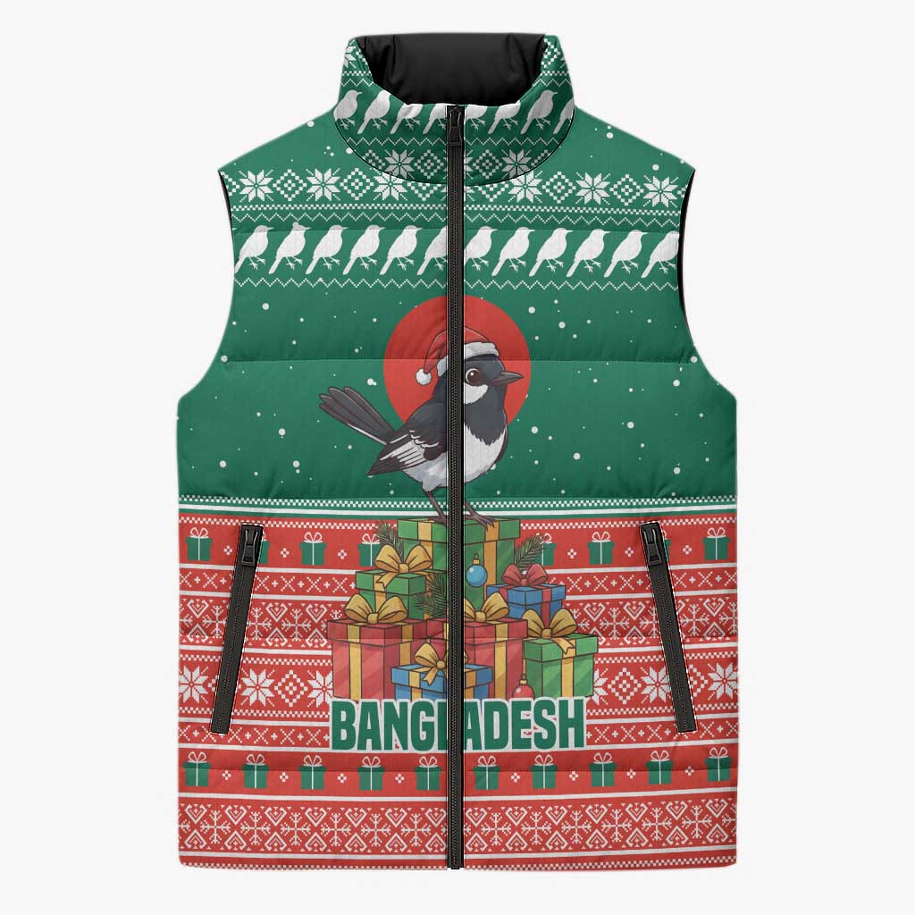 Bangladesh Christmas Sleeveless Puffer Jacket with Black-Capped Bird Gift Stack and Green Red Snowflake Pattern - Wonder Print Shop