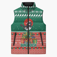 Bangladesh Christmas Sleeveless Puffer Jacket with Black-Capped Bird Gift Stack and Green Red Snowflake Pattern - Wonder Print Shop