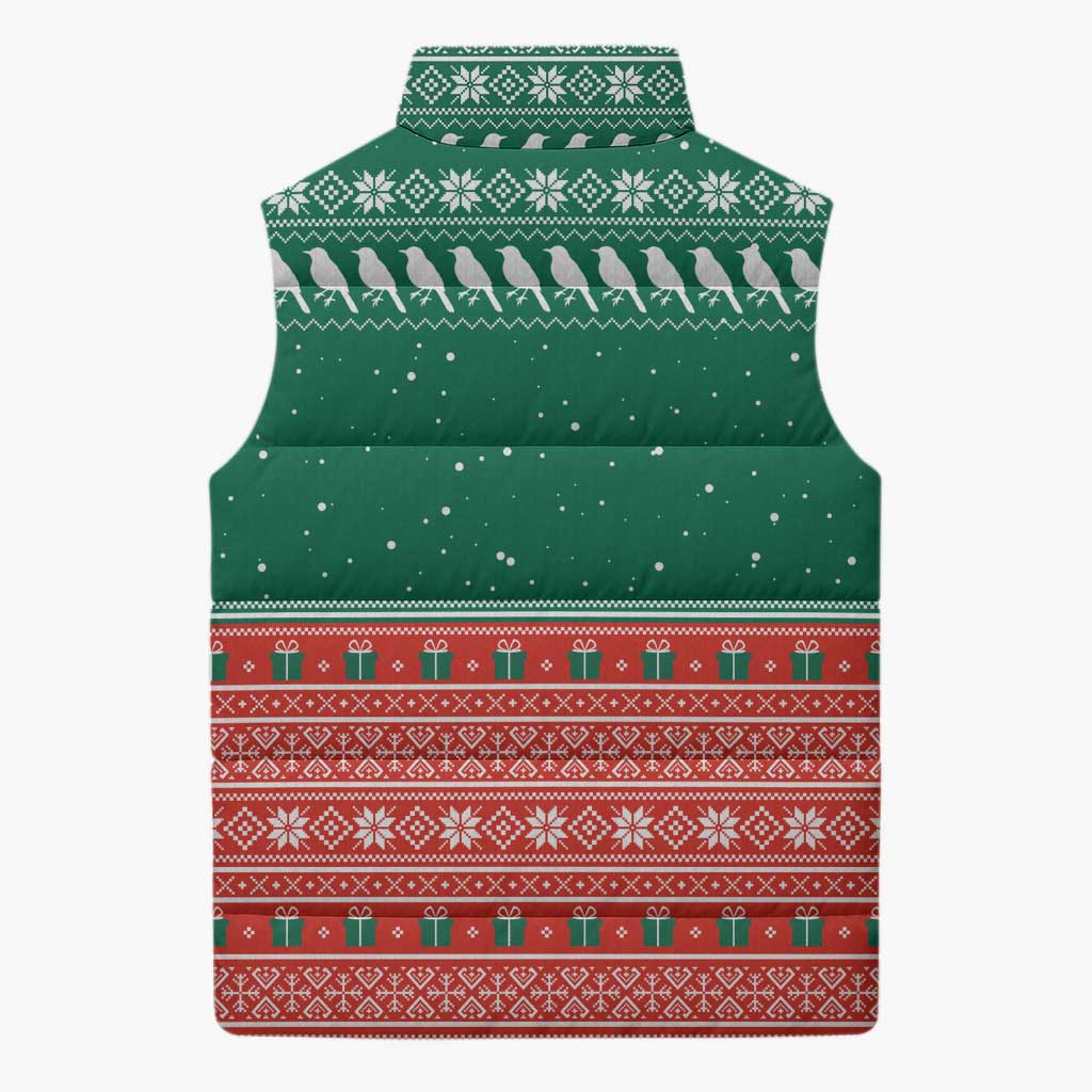 Bangladesh Christmas Sleeveless Puffer Jacket with Black-Capped Bird Gift Stack and Green Red Snowflake Pattern - Wonder Print Shop