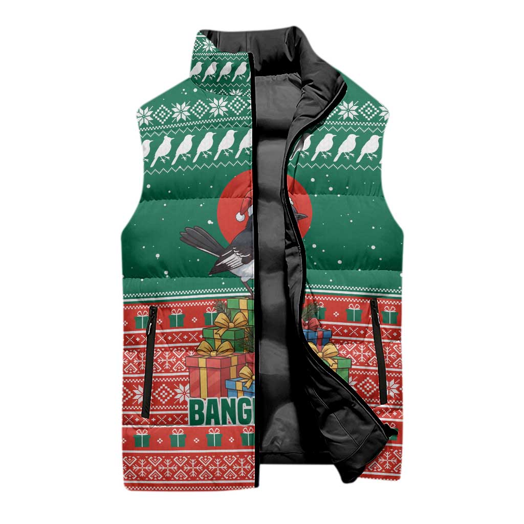 Bangladesh Christmas Sleeveless Puffer Jacket with Black-Capped Bird Gift Stack and Green Red Snowflake Pattern - Wonder Print Shop