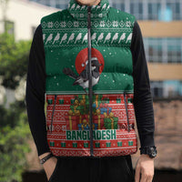 Bangladesh Christmas Sleeveless Puffer Jacket with Black-Capped Bird Gift Stack and Green Red Snowflake Pattern - Wonder Print Shop