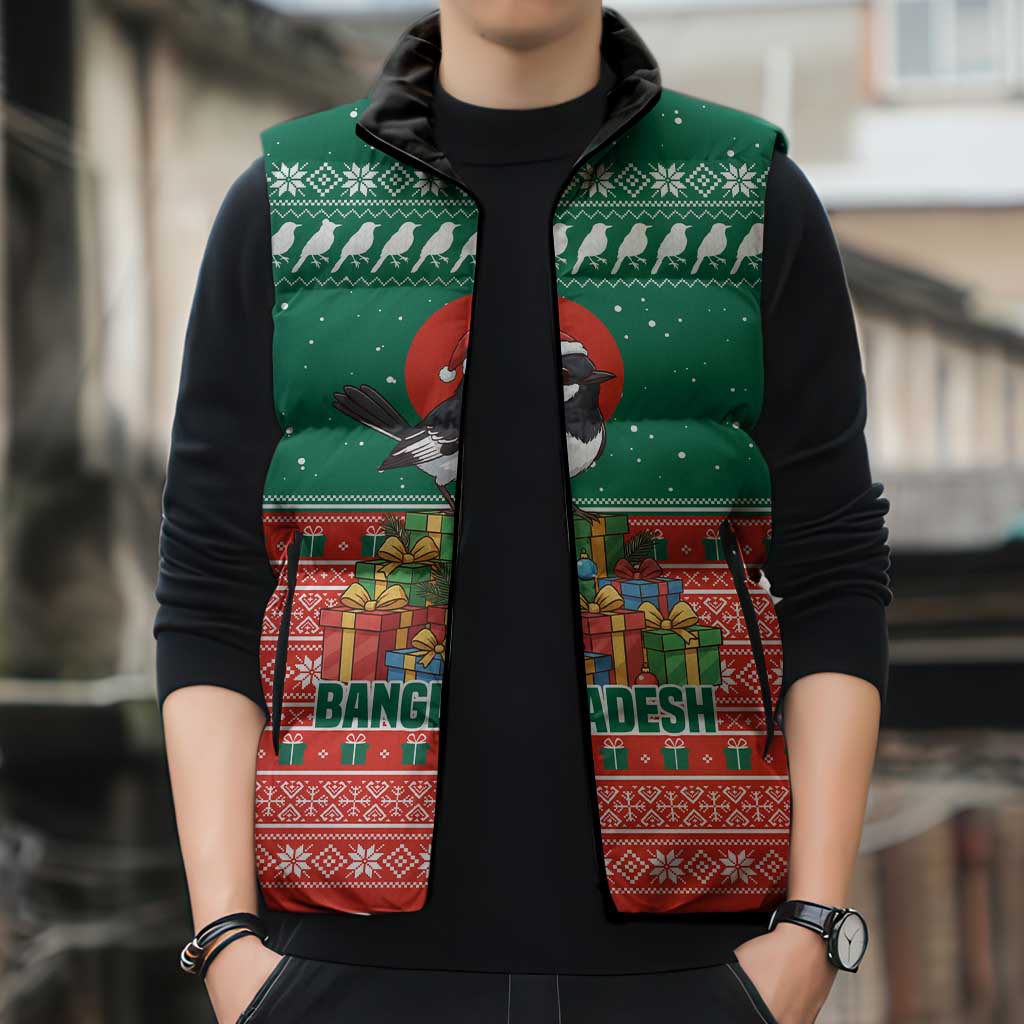 Bangladesh Christmas Sleeveless Puffer Jacket with Black-Capped Bird Gift Stack and Green Red Snowflake Pattern - Wonder Print Shop
