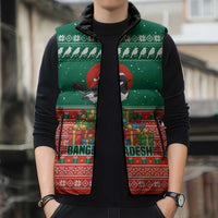 Bangladesh Christmas Sleeveless Puffer Jacket with Black-Capped Bird Gift Stack and Green Red Snowflake Pattern - Wonder Print Shop