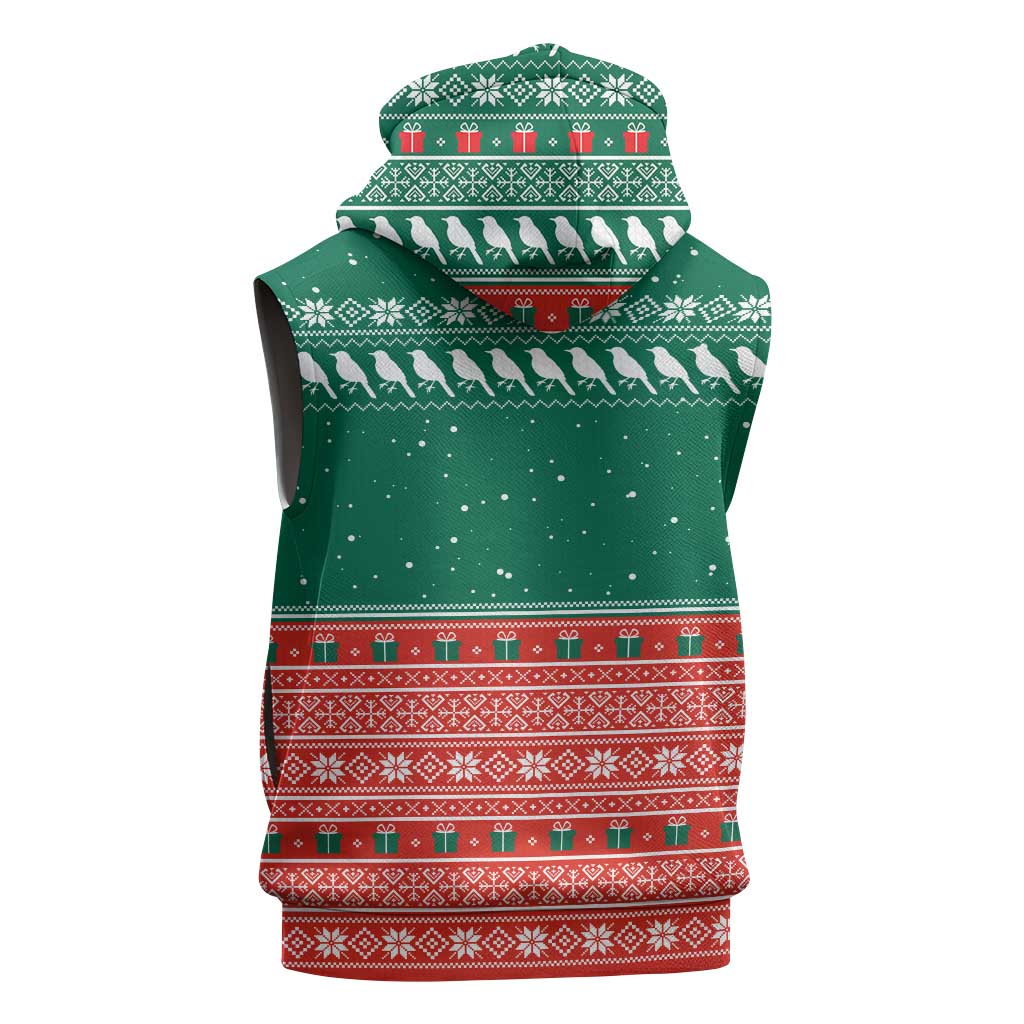 Bangladesh Christmas Sleeveless Zip Hoodie with Black-Capped Bird Gift Stack and Green Red Snowflake Pattern - Wonder Print Shop