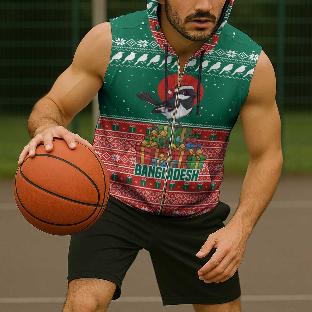Bangladesh Christmas Sleeveless Zip Hoodie with Black-Capped Bird Gift Stack and Green Red Snowflake Pattern - Wonder Print Shop