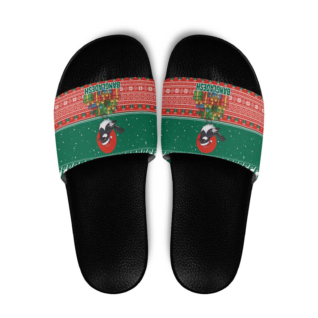Bangladesh Christmas Slide Sandals with Black-Capped Bird Gift Stack and Green Red Snowflake Pattern - Wonder Print Shop