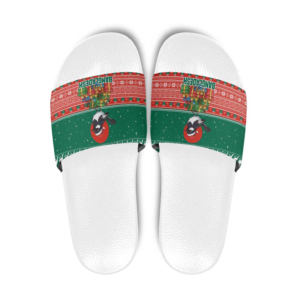 Bangladesh Christmas Slide Sandals with Black-Capped Bird Gift Stack and Green Red Snowflake Pattern - Wonder Print Shop