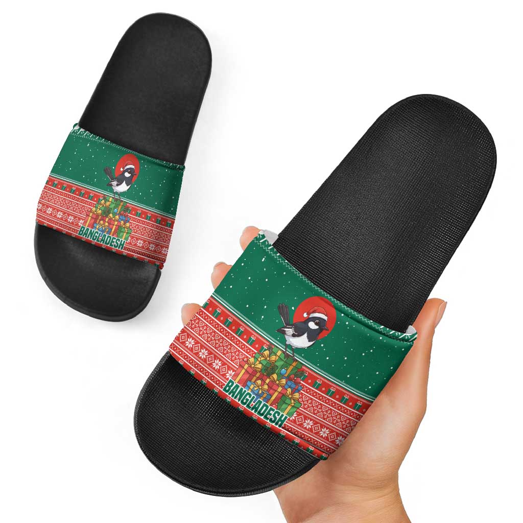 Bangladesh Christmas Slide Sandals with Black-Capped Bird Gift Stack and Green Red Snowflake Pattern - Wonder Print Shop