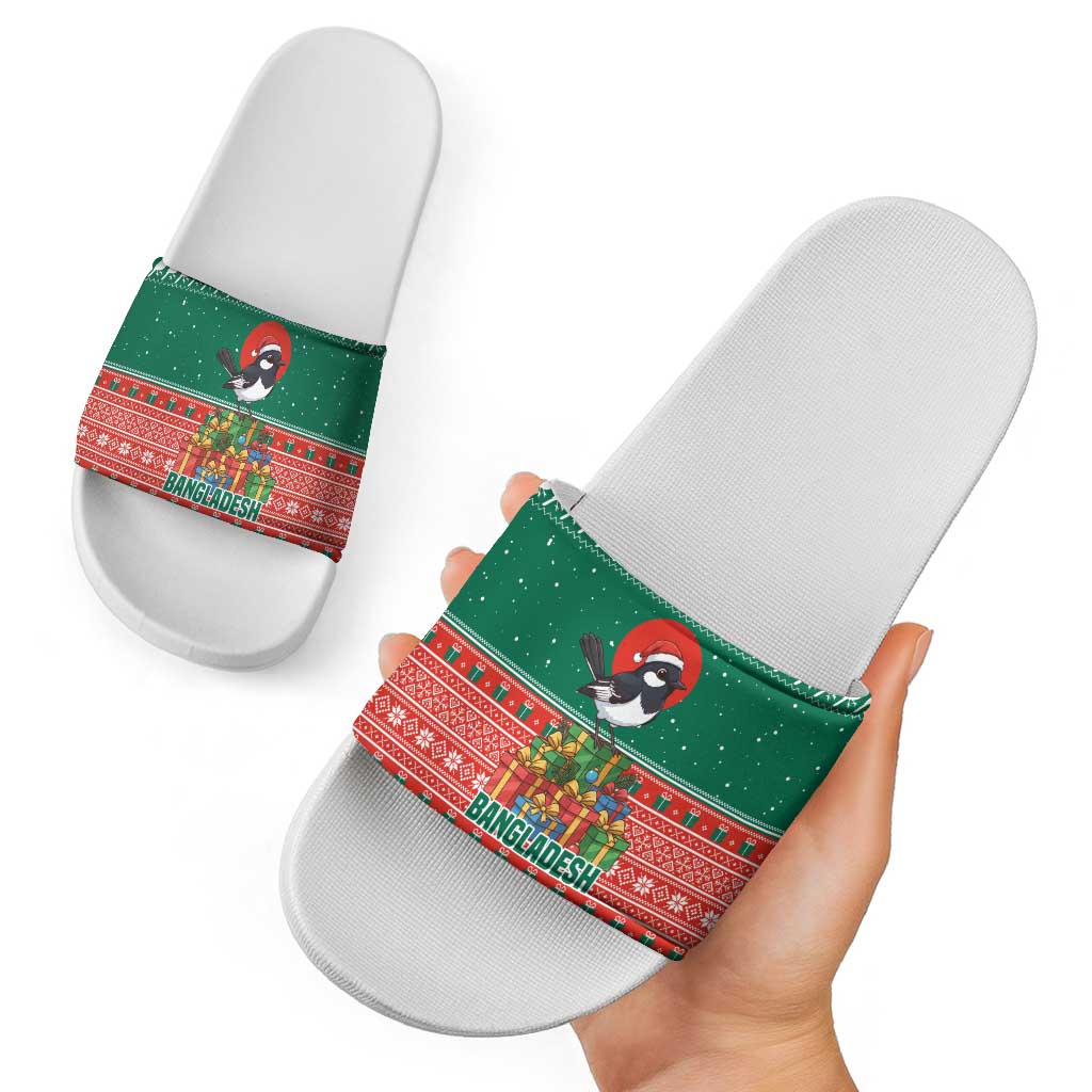 Bangladesh Christmas Slide Sandals with Black-Capped Bird Gift Stack and Green Red Snowflake Pattern - Wonder Print Shop