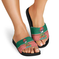 Bangladesh Christmas Slide Sandals with Black-Capped Bird Gift Stack and Green Red Snowflake Pattern - Wonder Print Shop