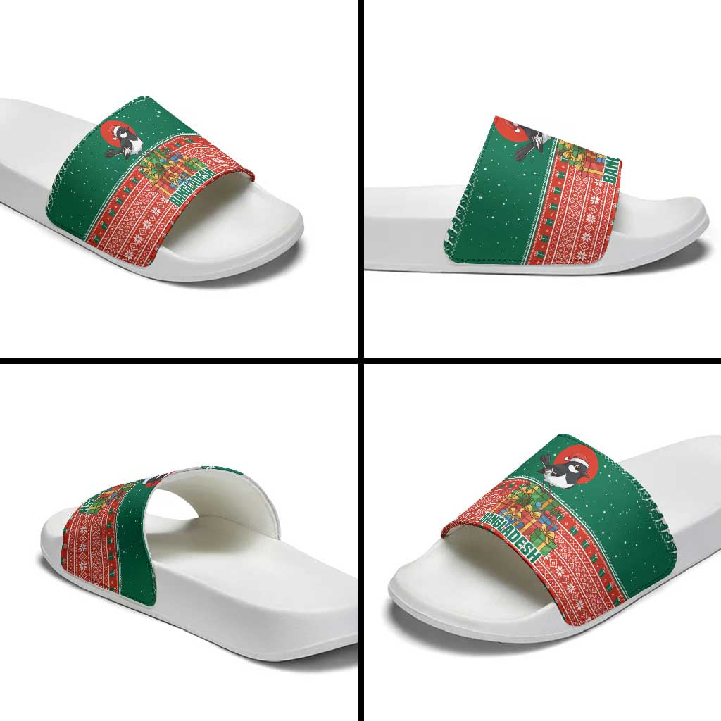 Bangladesh Christmas Slide Sandals with Black-Capped Bird Gift Stack and Green Red Snowflake Pattern - Wonder Print Shop