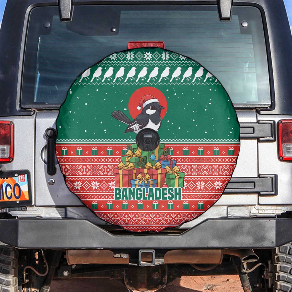 Bangladesh Christmas Spare Tire Cover with Black-Capped Bird Gift Stack and Green Red Snowflake Pattern - Wonder Print Shop