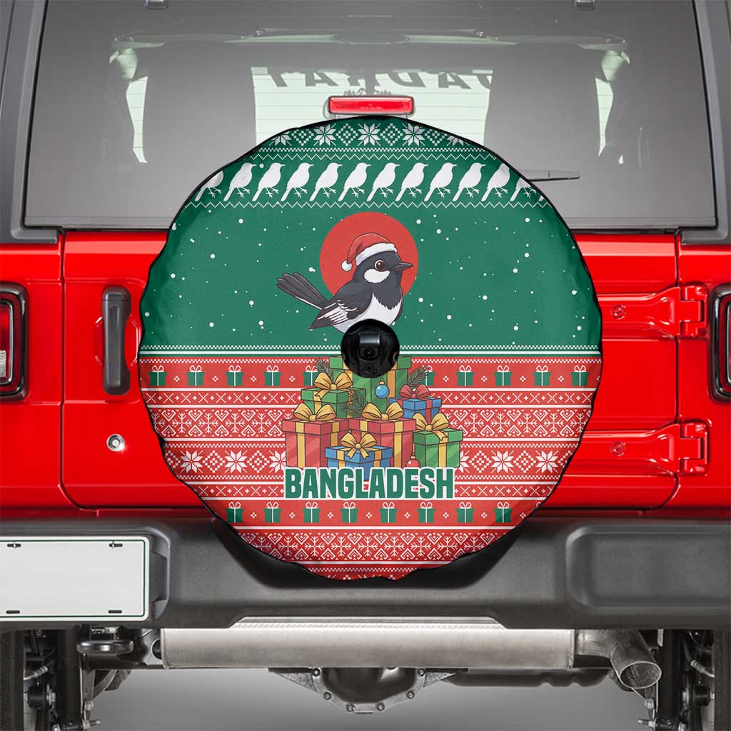 Bangladesh Christmas Spare Tire Cover with Black-Capped Bird Gift Stack and Green Red Snowflake Pattern - Wonder Print Shop