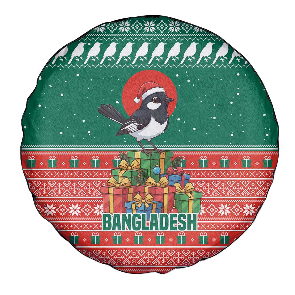 Bangladesh Christmas Spare Tire Cover with Black-Capped Bird Gift Stack and Green Red Snowflake Pattern - Wonder Print Shop