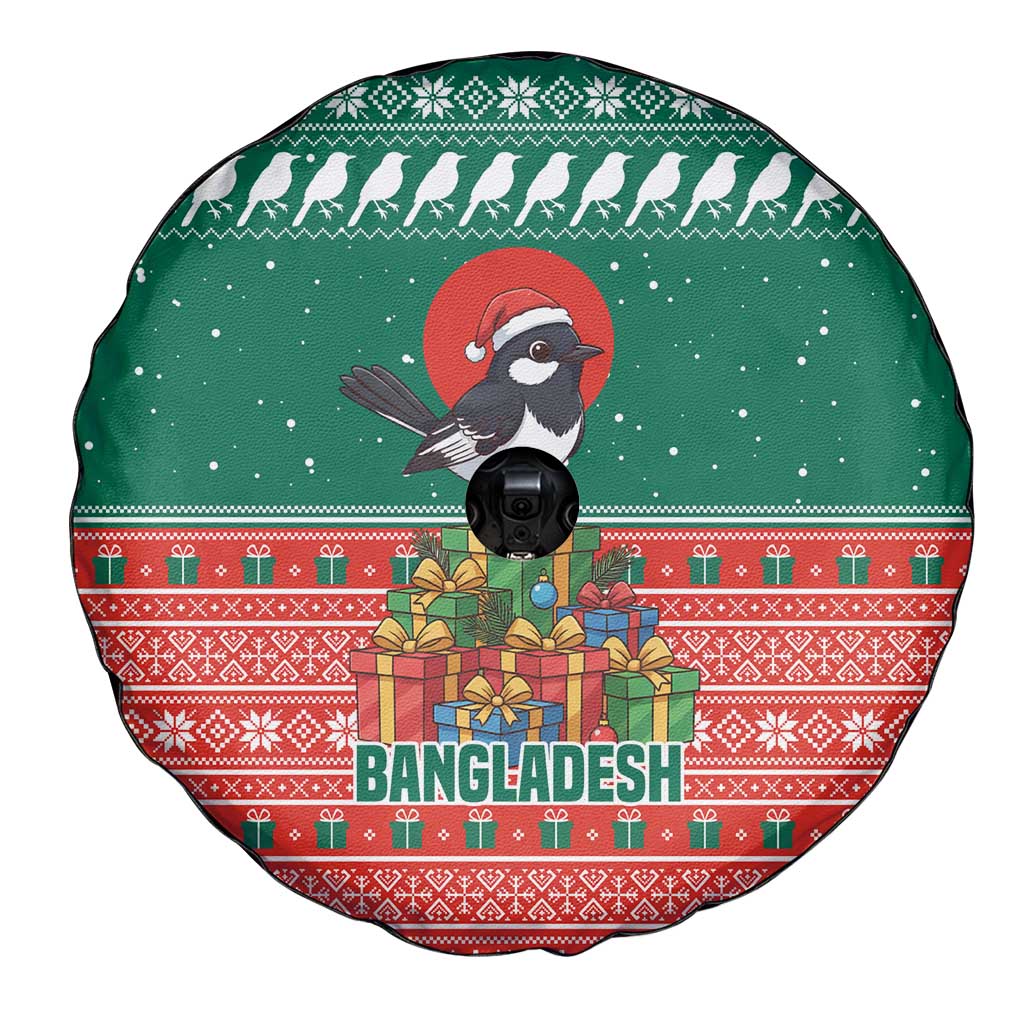 Bangladesh Christmas Spare Tire Cover with Black-Capped Bird Gift Stack and Green Red Snowflake Pattern - Wonder Print Shop