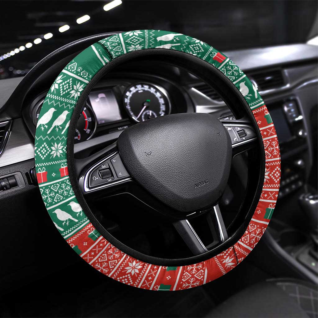 Bangladesh Christmas Steering Wheel Cover with Black-Capped Bird Gift Stack and Green Red Snowflake Pattern - Wonder Print Shop