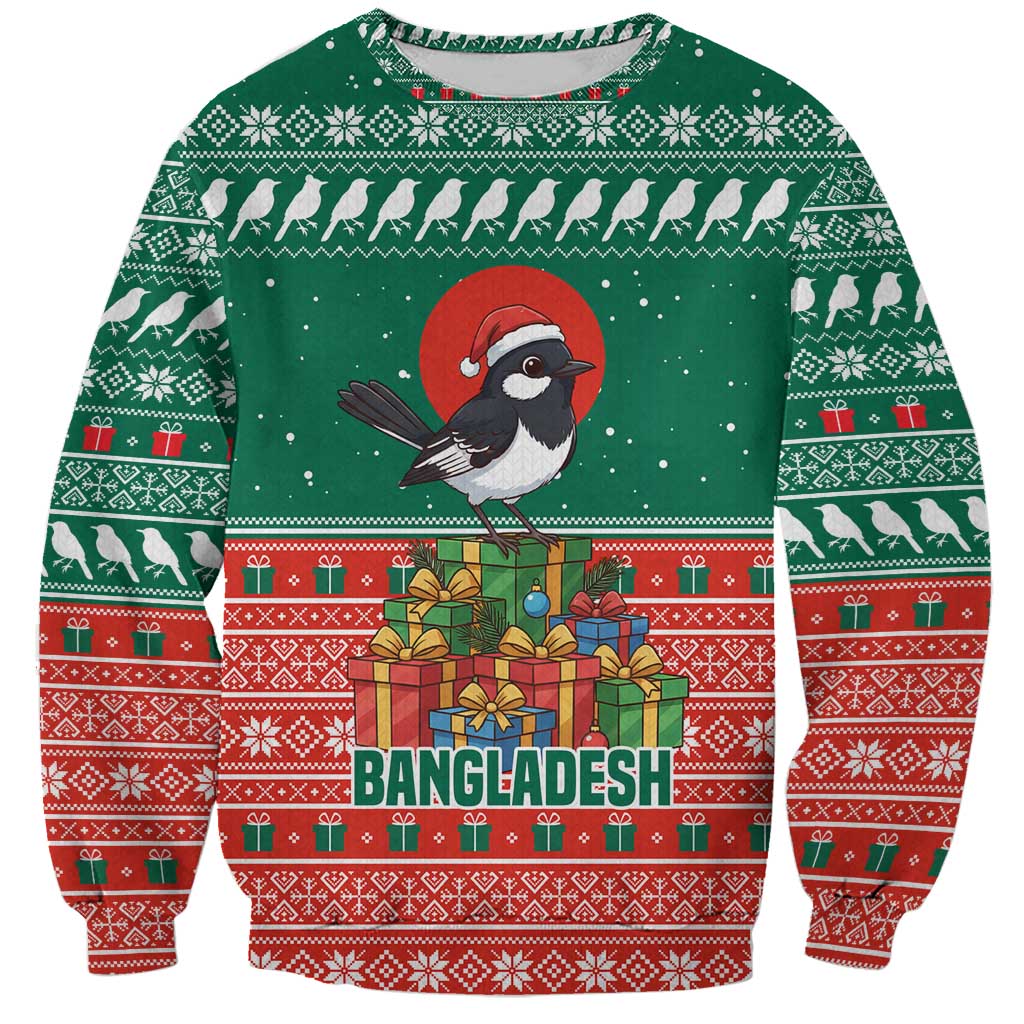 Bangladesh Christmas Sweatshirt with Black-Capped Bird Gift Stack and Green Red Snowflake Pattern - Wonder Print Shop