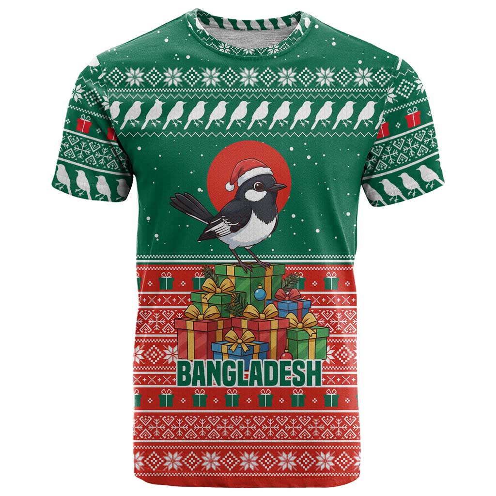 Bangladesh Christmas T Shirt with Black-Capped Bird Gift Stack and Green Red Snowflake Pattern - Wonder Print Shop