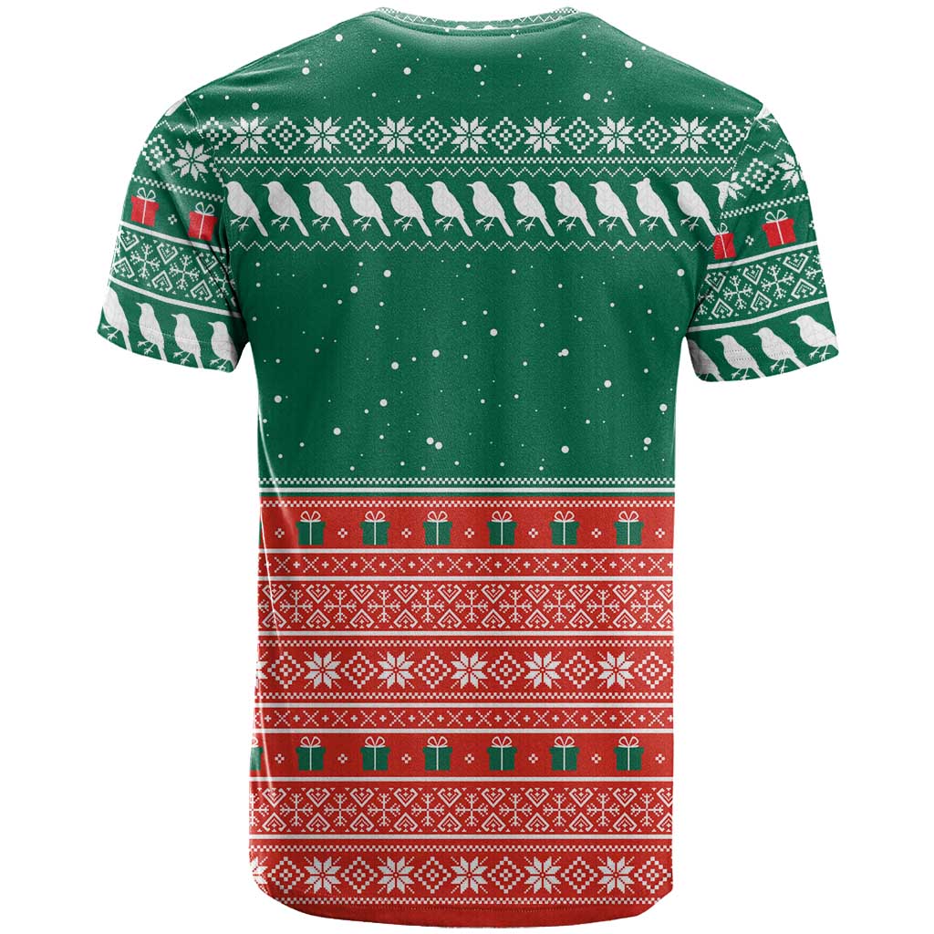 Bangladesh Christmas T Shirt with Black-Capped Bird Gift Stack and Green Red Snowflake Pattern - Wonder Print Shop