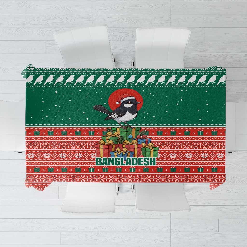 Bangladesh Christmas Tablecloth with Black-Capped Bird Gift Stack and Green Red Snowflake Pattern - Wonder Print Shop