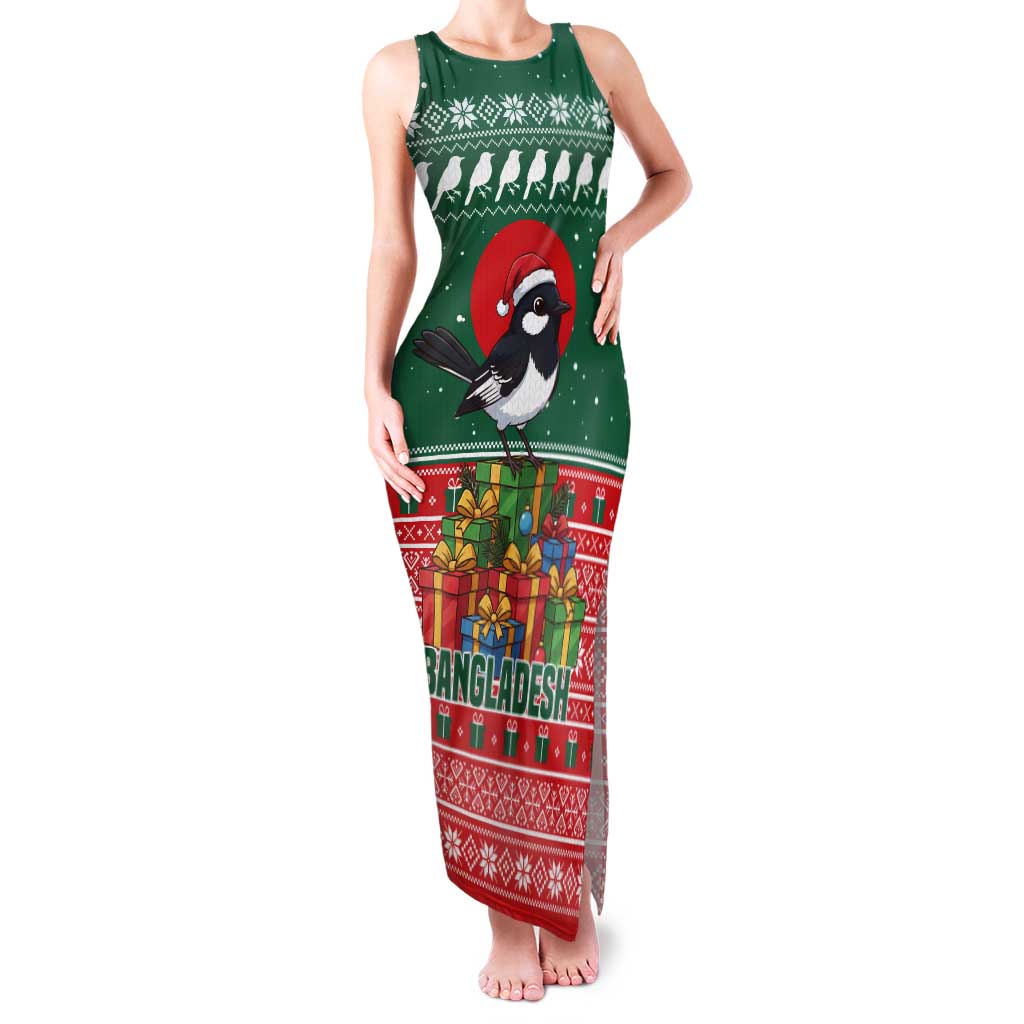 Bangladesh Christmas Tank Maxi Dress with Black-Capped Bird Gift Stack and Green Red Snowflake Pattern - Wonder Print Shop