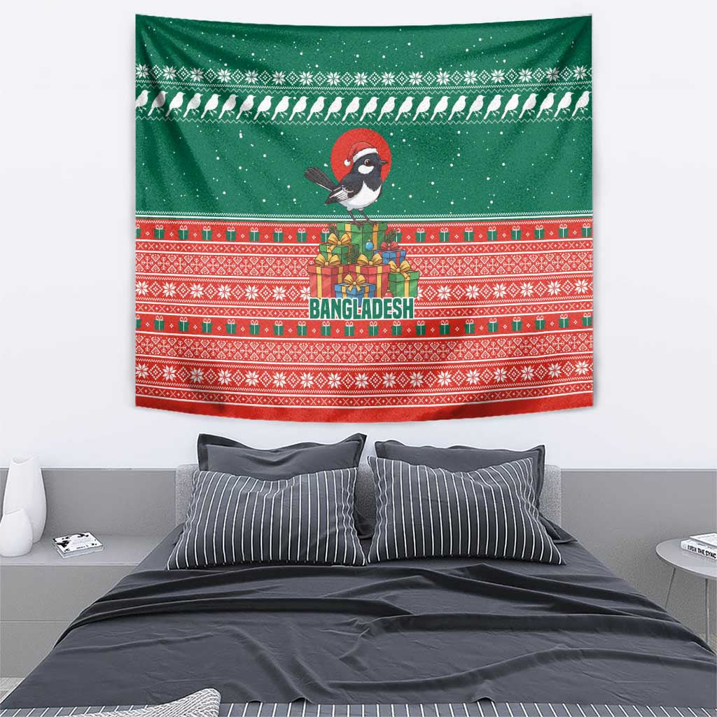 Bangladesh Christmas Tapestry with Black-Capped Bird Gift Stack and Green Red Snowflake Pattern - Wonder Print Shop