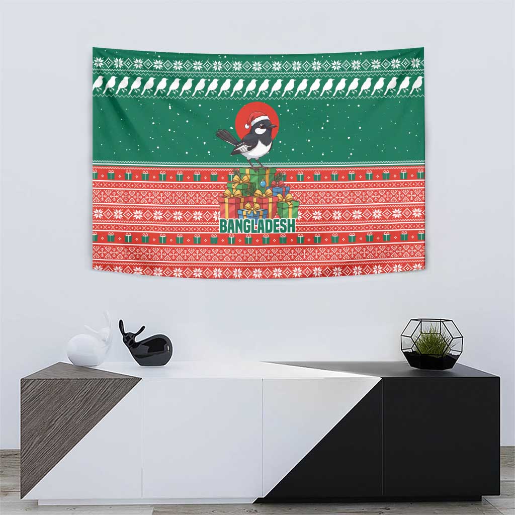 Bangladesh Christmas Tapestry with Black-Capped Bird Gift Stack and Green Red Snowflake Pattern - Wonder Print Shop