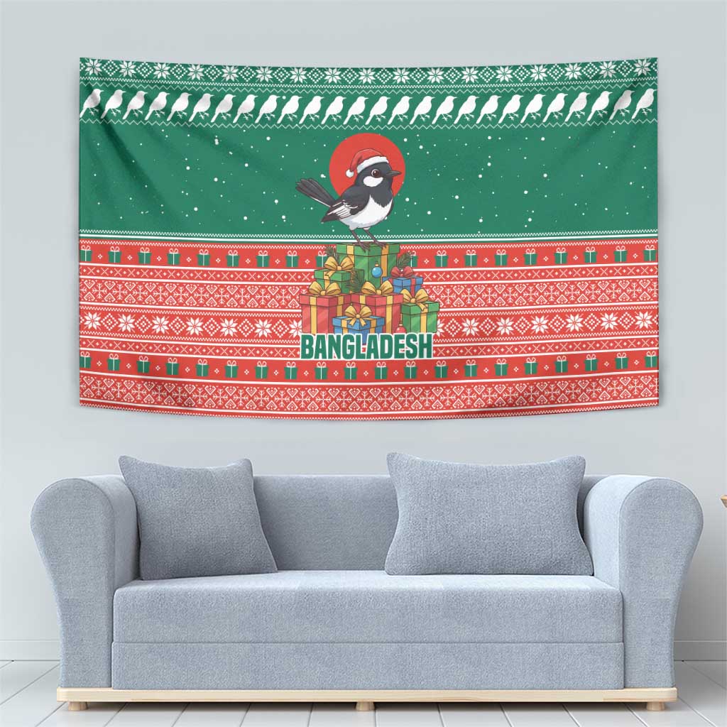 Bangladesh Christmas Tapestry with Black-Capped Bird Gift Stack and Green Red Snowflake Pattern - Wonder Print Shop