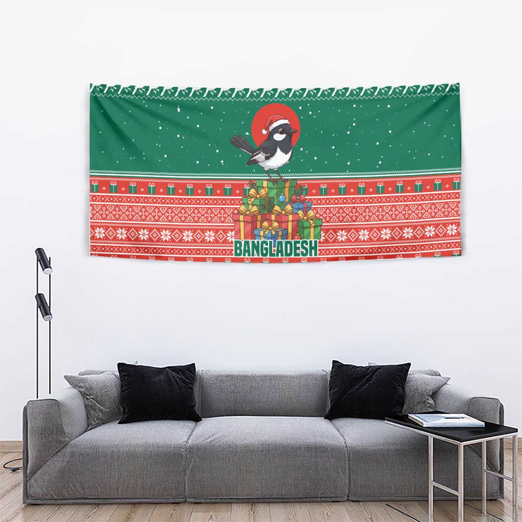 Bangladesh Christmas Tapestry with Black-Capped Bird Gift Stack and Green Red Snowflake Pattern - Wonder Print Shop