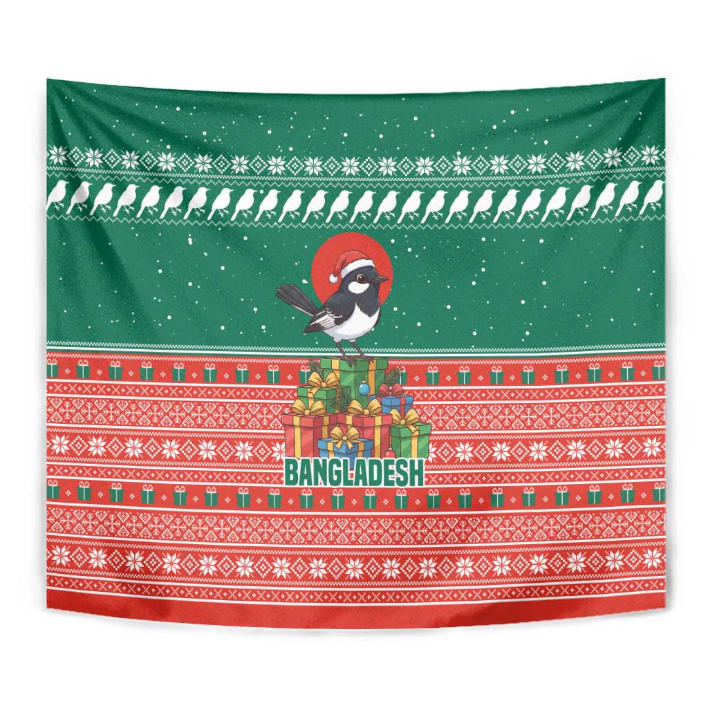 Bangladesh Christmas Tapestry with Black-Capped Bird Gift Stack and Green Red Snowflake Pattern - Wonder Print Shop