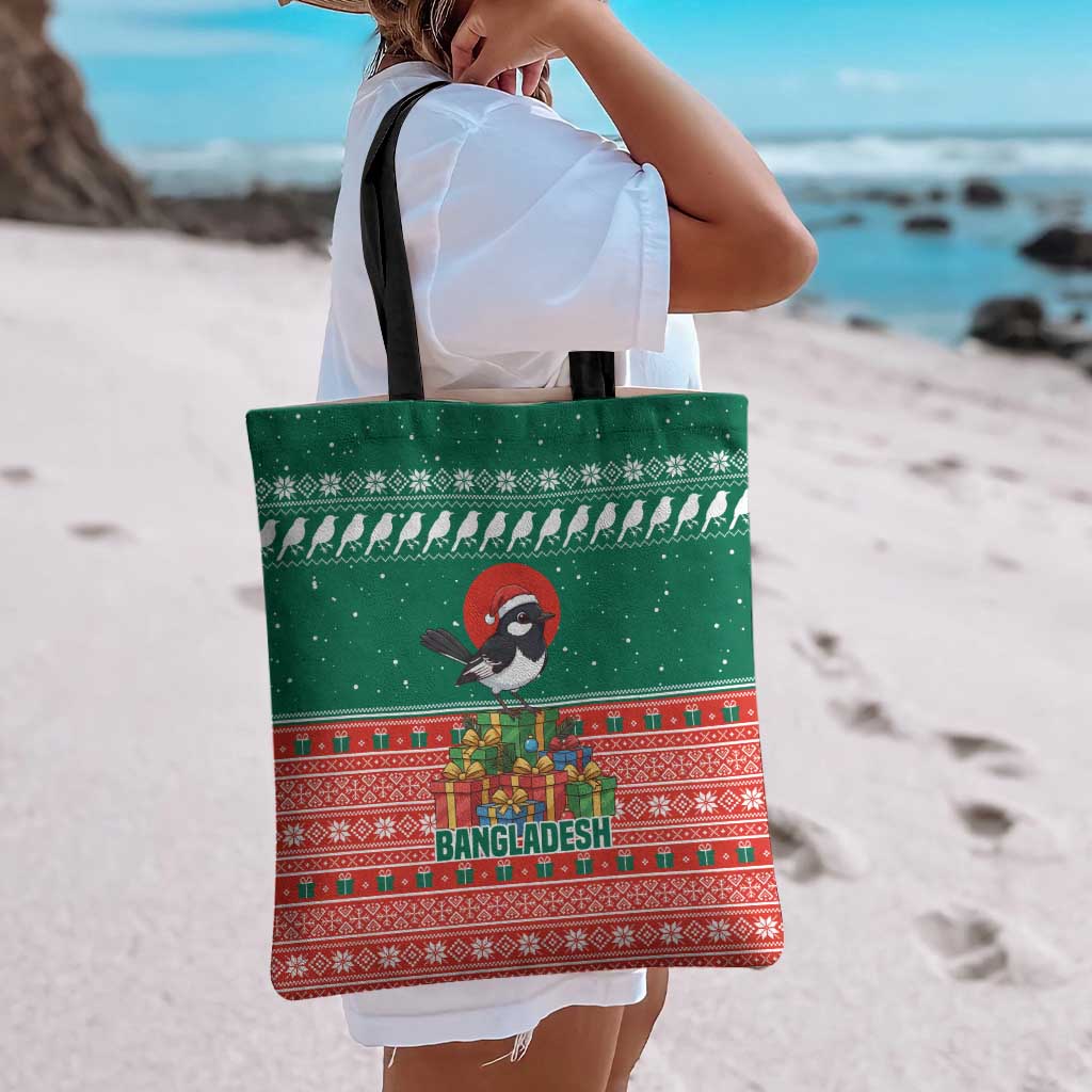 Bangladesh Christmas Tote Bag with Black-Capped Bird Gift Stack and Green Red Snowflake Pattern - Wonder Print Shop