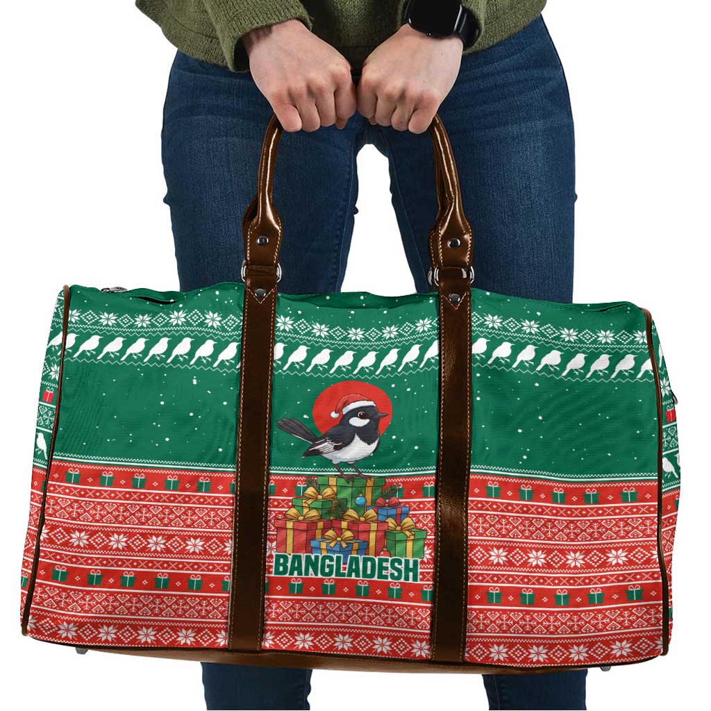 Bangladesh Christmas Travel Bag with Black-Capped Bird Gift Stack and Green Red Snowflake Pattern - Wonder Print Shop