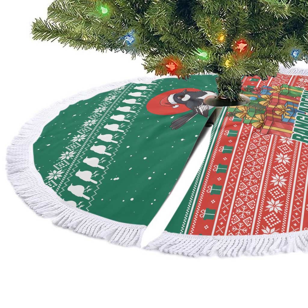Bangladesh Christmas Tree Skirt with Black-Capped Bird Gift Stack and Green Red Snowflake Pattern - Wonder Print Shop