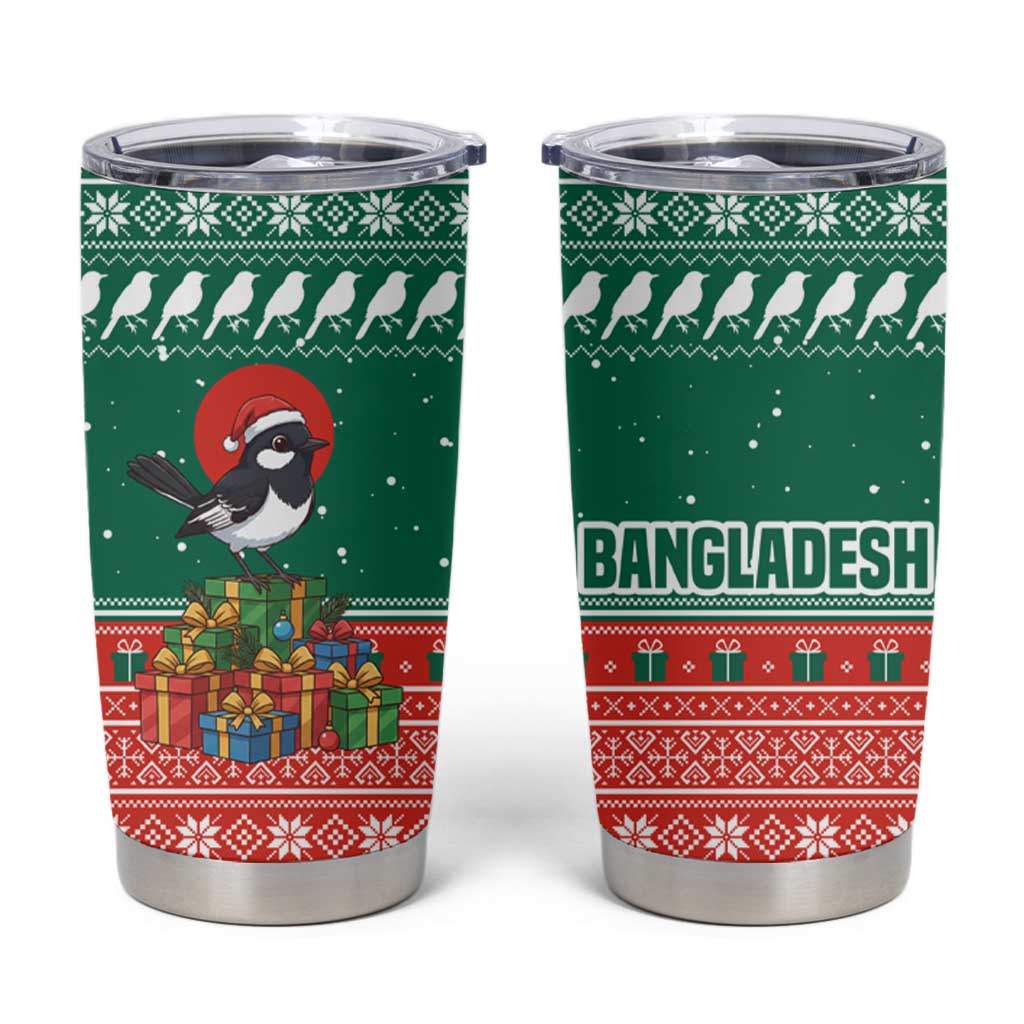 Bangladesh Christmas Tumbler Cup with Black-Capped Bird Gift Stack and Green Red Snowflake Pattern - Wonder Print Shop
