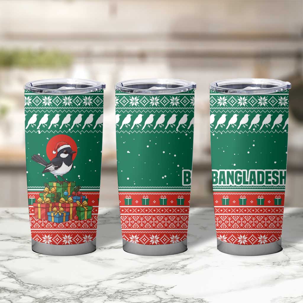 Bangladesh Christmas Tumbler Cup with Black-Capped Bird Gift Stack and Green Red Snowflake Pattern - Wonder Print Shop