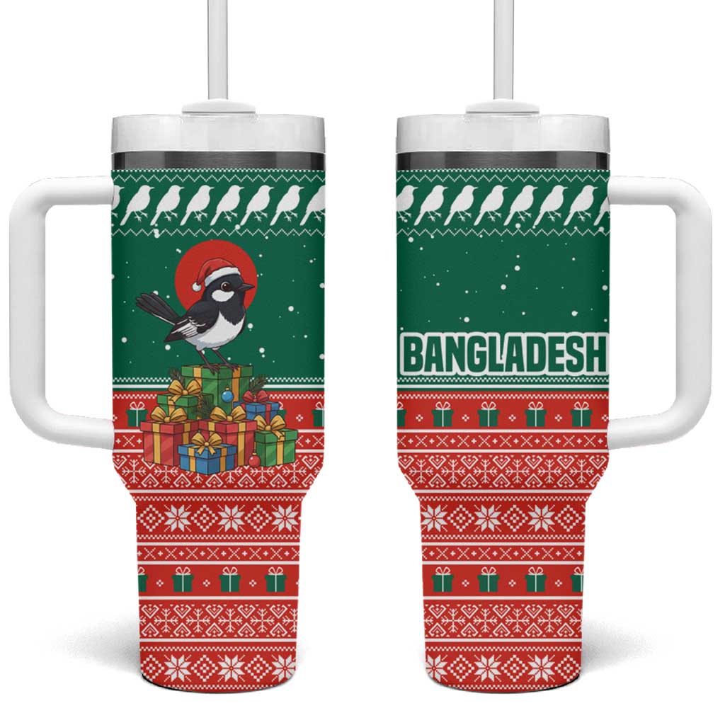 Bangladesh Christmas Tumbler With Handle with Black-Capped Bird Gift Stack and Green Red Snowflake Pattern - Wonder Print Shop