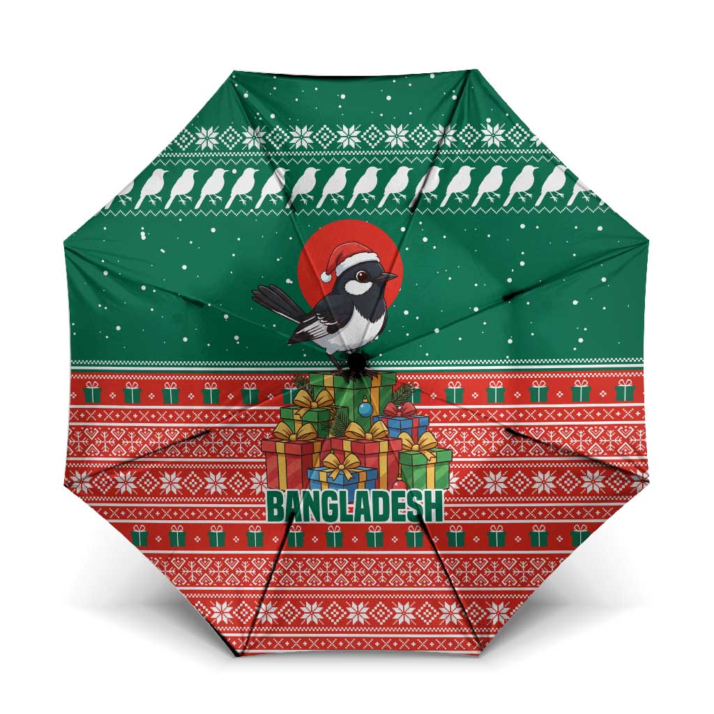 Bangladesh Christmas Umbrella with Black-Capped Bird Gift Stack and Green Red Snowflake Pattern - Wonder Print Shop