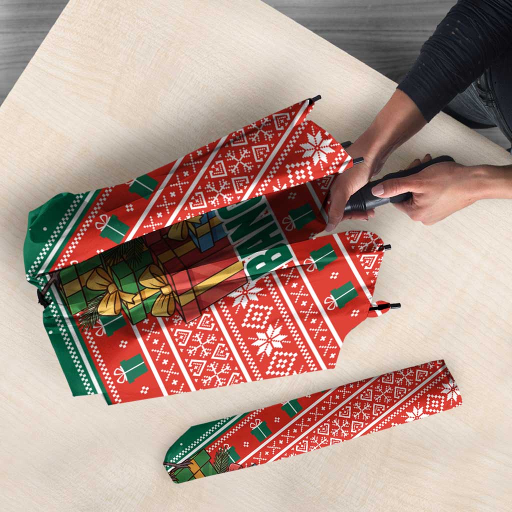 Bangladesh Christmas Umbrella with Black-Capped Bird Gift Stack and Green Red Snowflake Pattern - Wonder Print Shop