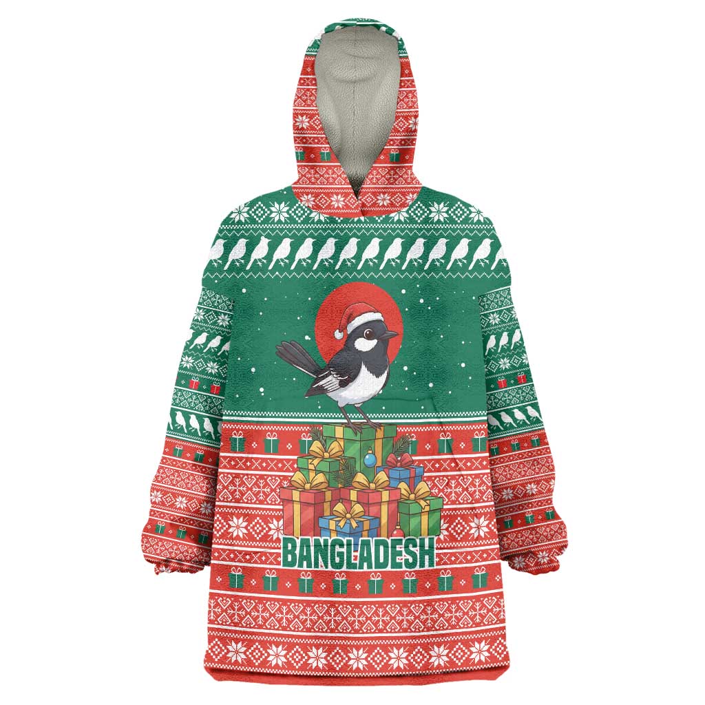 Bangladesh Christmas Wearable Blanket Hoodie with Black-Capped Bird Gift Stack and Green Red Snowflake Pattern - Wonder Print Shop