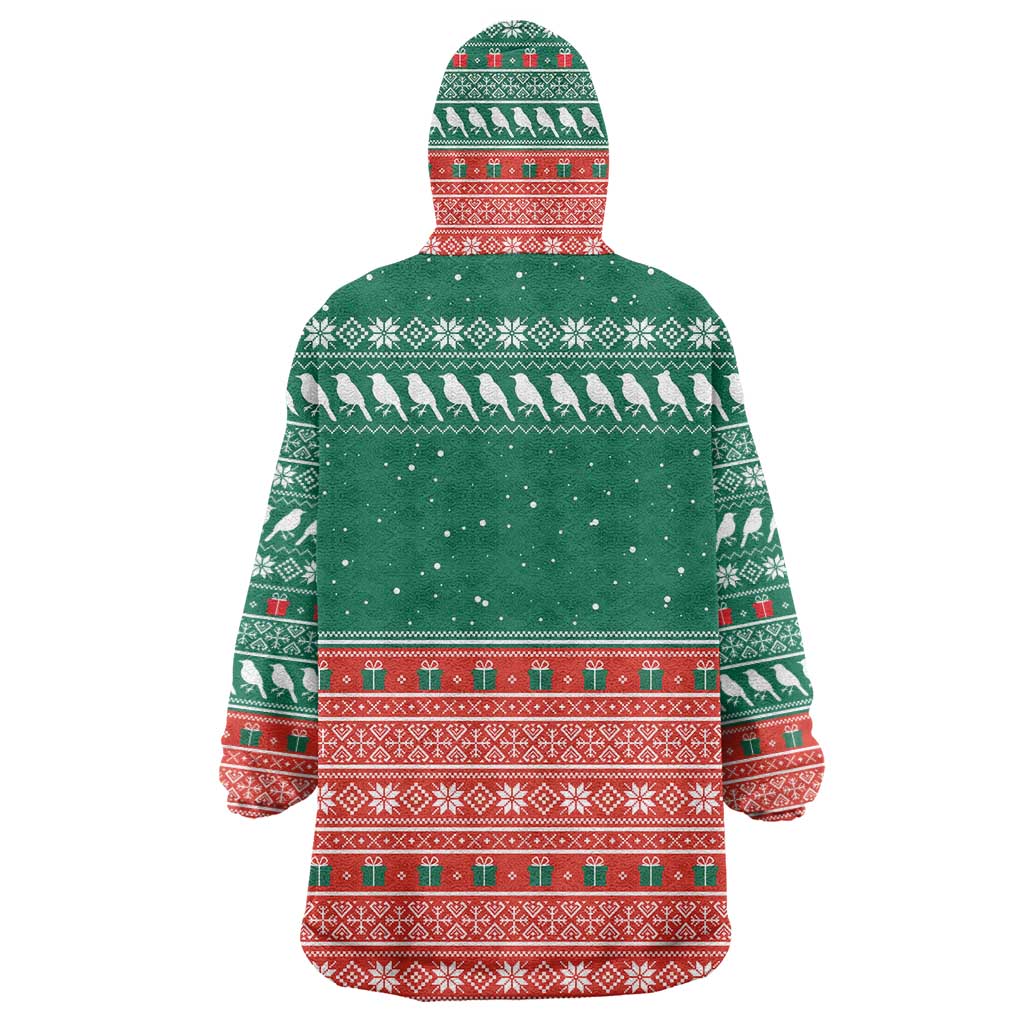Bangladesh Christmas Wearable Blanket Hoodie with Black-Capped Bird Gift Stack and Green Red Snowflake Pattern - Wonder Print Shop