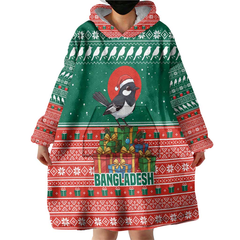 Bangladesh Christmas Wearable Blanket Hoodie with Black-Capped Bird Gift Stack and Green Red Snowflake Pattern - Wonder Print Shop
