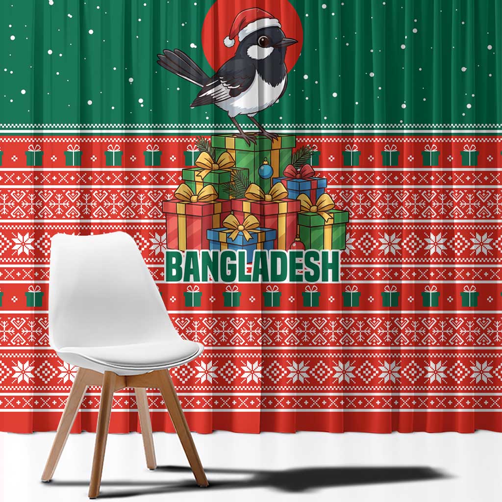Bangladesh Christmas Window Curtain with Black-Capped Bird Gift Stack and Green Red Snowflake Pattern - Wonder Print Shop