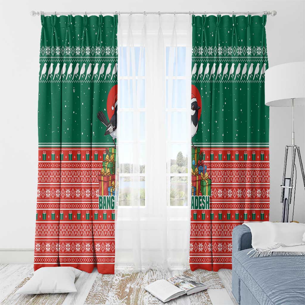 Bangladesh Christmas Window Curtain with Black-Capped Bird Gift Stack and Green Red Snowflake Pattern - Wonder Print Shop